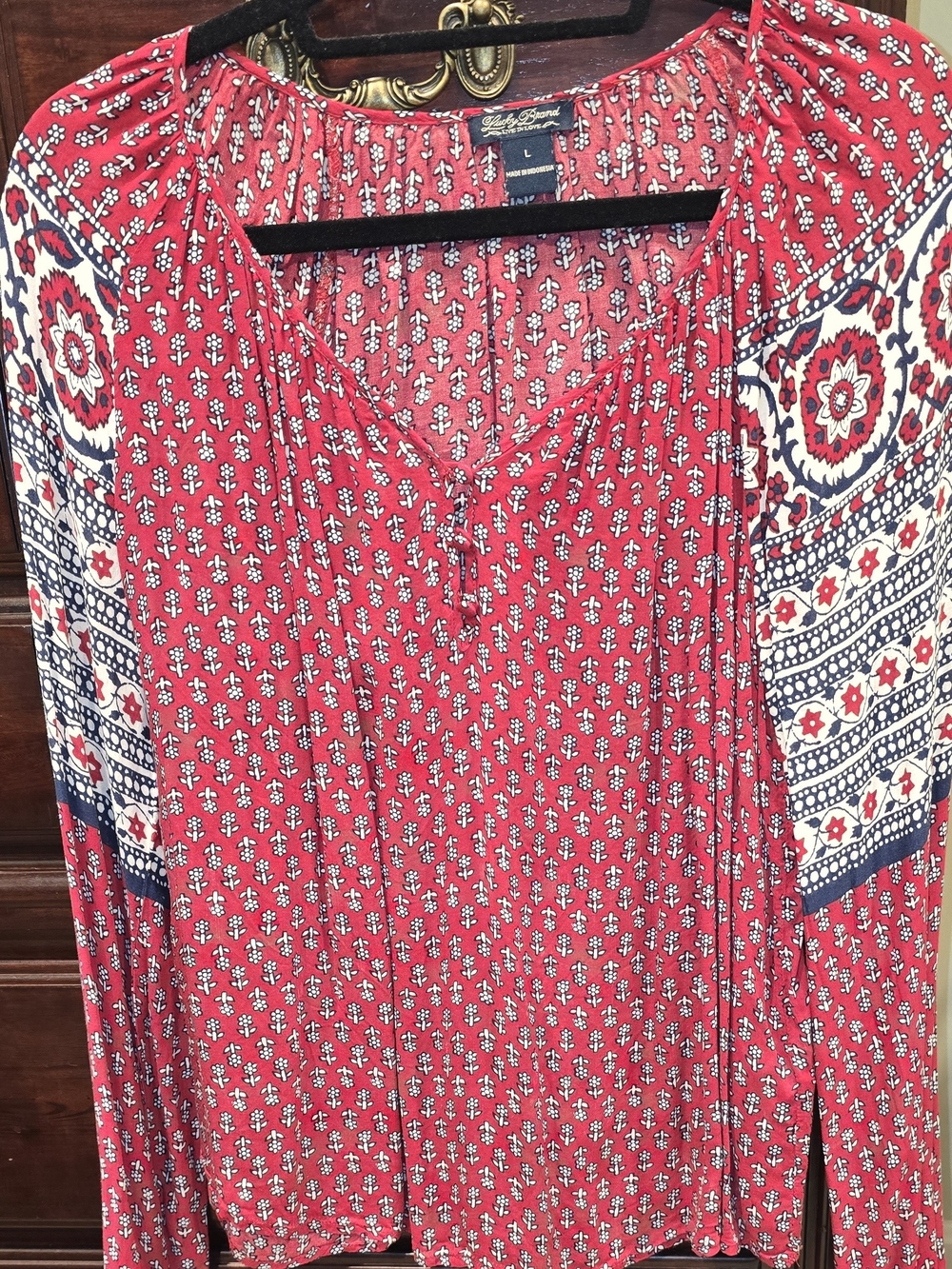 Lucky Brand Red and Navy Printed Peasant Blouse